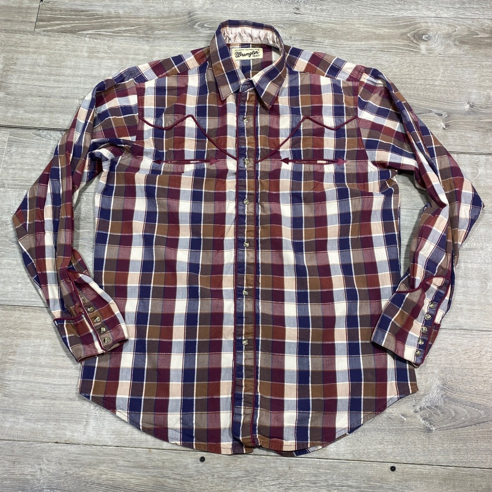 Wrangler‎ Western Shirt Men's Large Tall Plaid Smile Pocket Yoke Pearl Snap